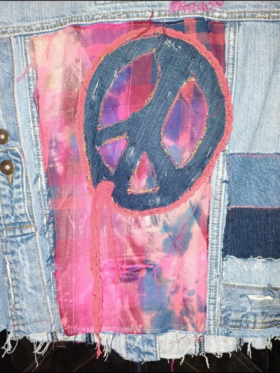 Upcycled Denim Vest with Pink Tie-Dye Peace Patch And Long Fringe Sides. - Picture 2 of 5